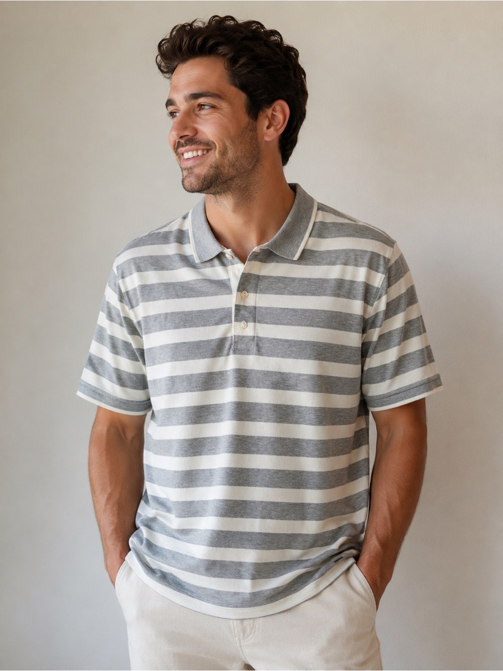 Cremieux Collection Gray & Ivory Striped 100% Cotton Polo Shirt Men's Large